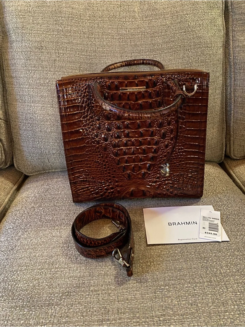 Brahmin Dark Brown Croc-Embossed Leather Caroline Satchel